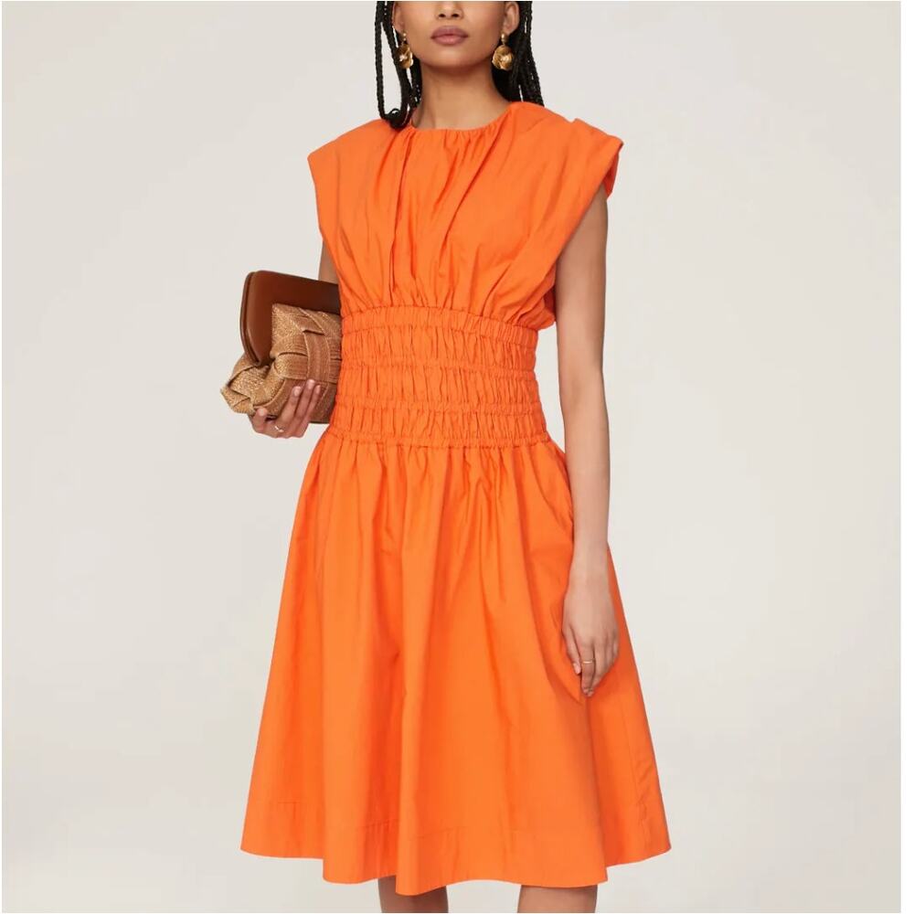 Sleeveless Orange Shirred-Waist Midi Dress